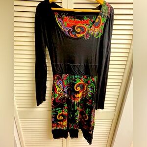Womens Desigual Black Long Sleeve Dress with Colorful Print Size Large